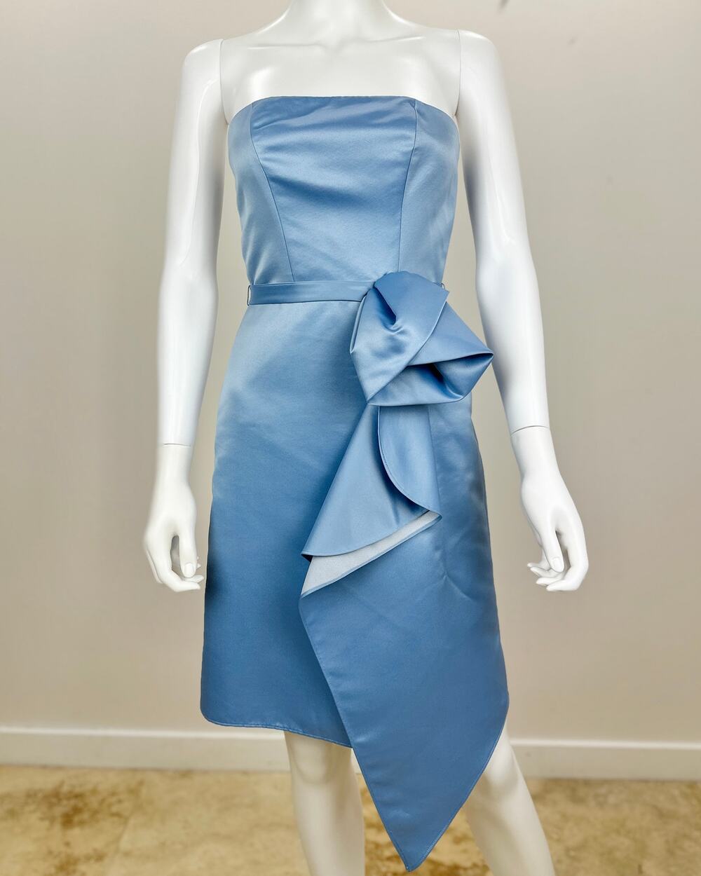 ABS Allen Schwartz Strapless Dress Light Blue Satin Corset Draped Pleated US 2